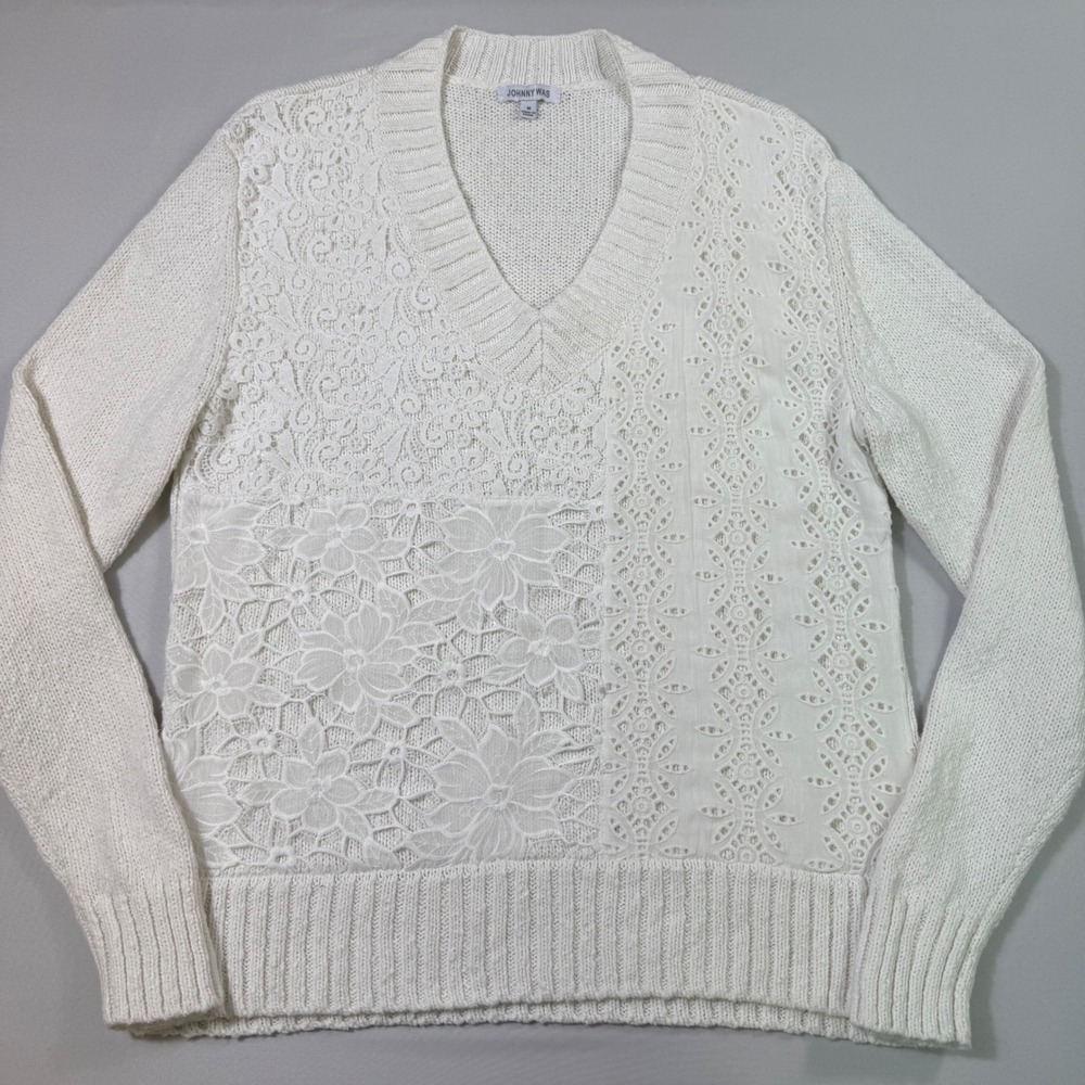 Johnny Was Crochet Patched Sweater Womens Medium White Floral Lace Eyelet V-Neck